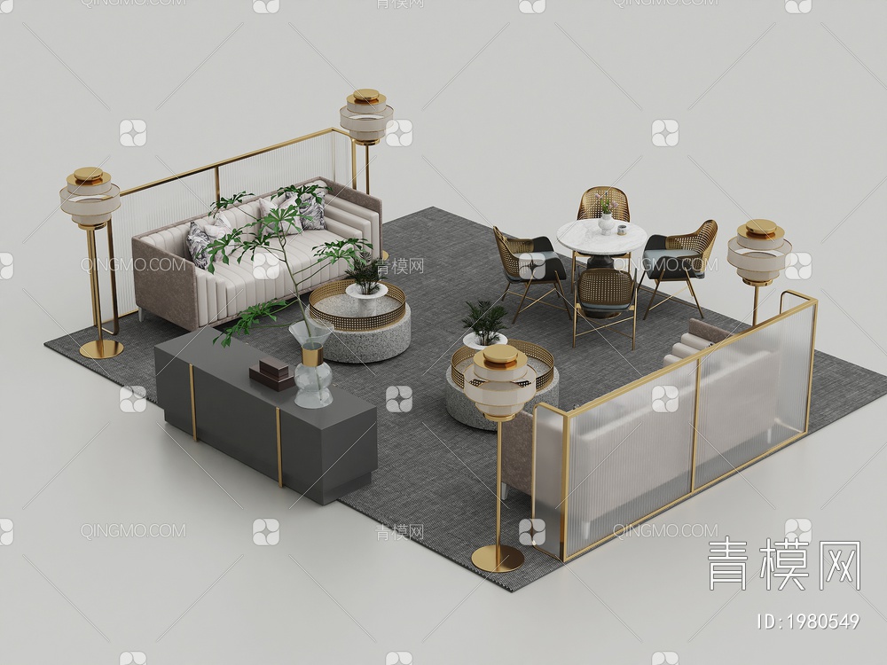沙发座椅茶几摆件组合3D模型下载【ID:1980549】
