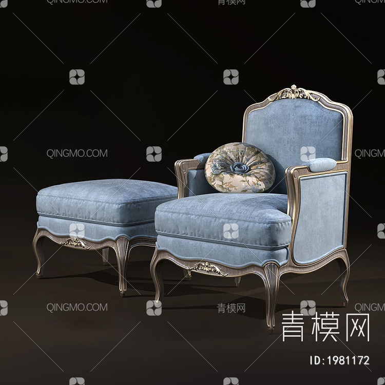 单人沙发 脚凳组合3D模型下载【ID:1981172】