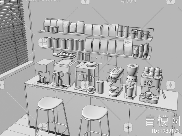 咖啡机 磨豆机 咖啡杯 袋装咖啡豆 吧椅 食物3D模型下载【ID:1980173】