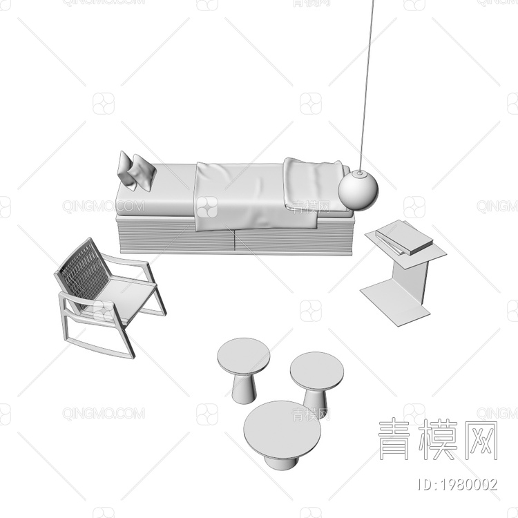 床 休闲椅 边几组合3D模型下载【ID:1980002】