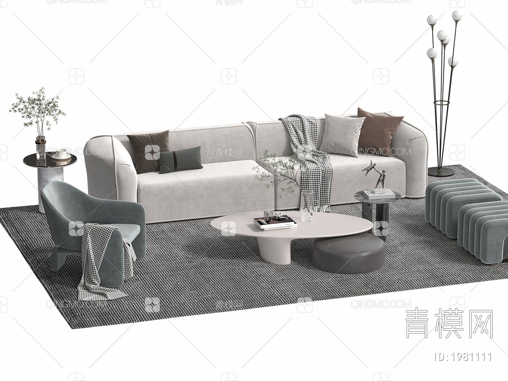 沙发茶几组合 布艺双人沙发 茶几3D模型下载【ID:1981111】