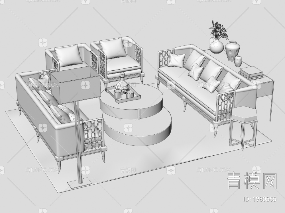 沙发座椅茶几摆件组合3D模型下载【ID:1980555】