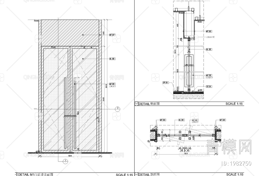 玻璃门剖面大样施工详图 地弹门 双开门 玻璃门【ID:1982750】