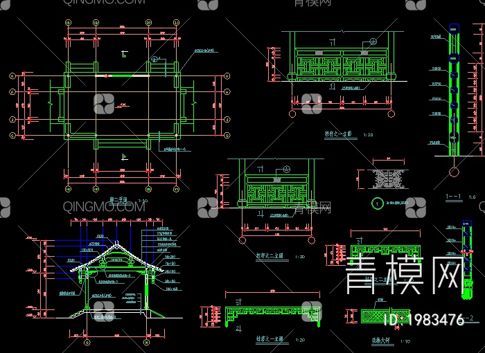 古建亭廊及花架建筑施工设计CAD图【ID:1983476】