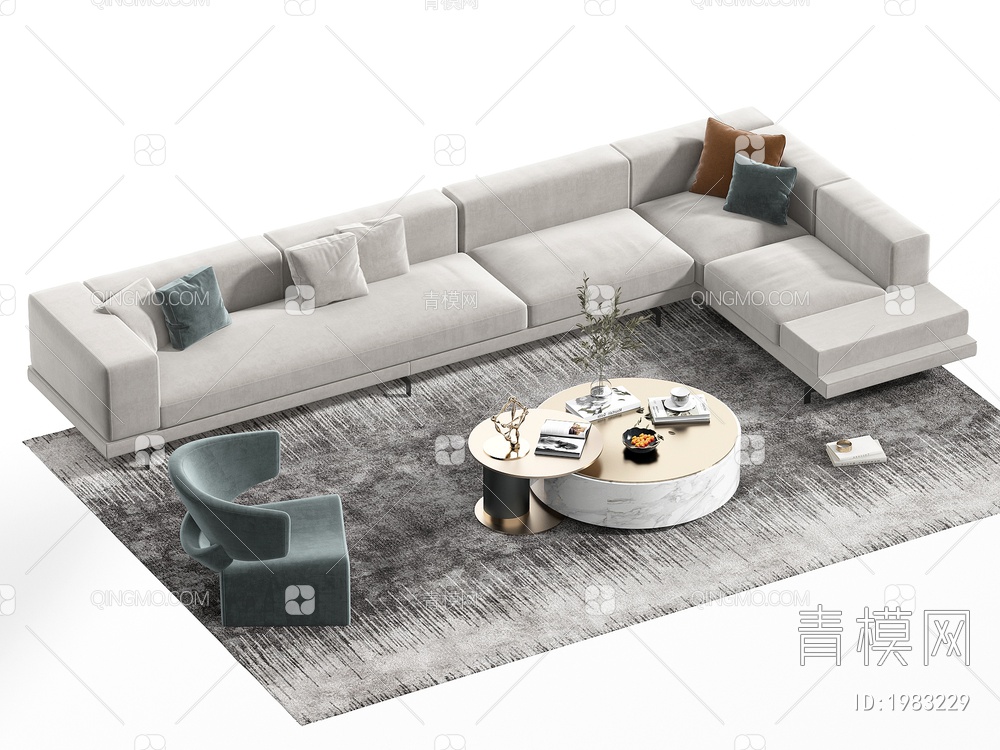 沙发茶几组合 布艺双人沙发3D模型下载【ID:1983229】