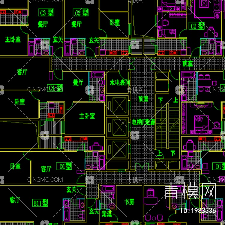 多户房屋室内设计装修CAD图【ID:1983336】