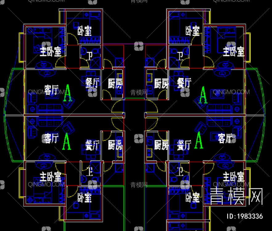 多户房屋室内设计装修CAD图【ID:1983336】