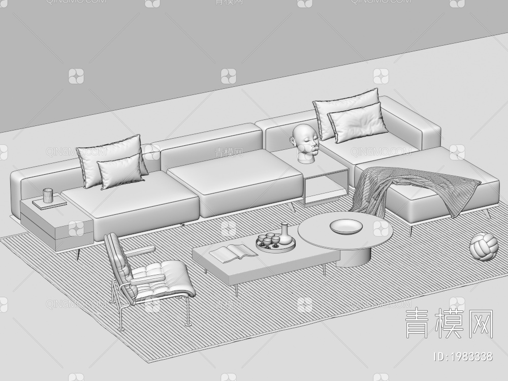 沙发茶几组合 布艺双人沙发3D模型下载【ID:1983338】
