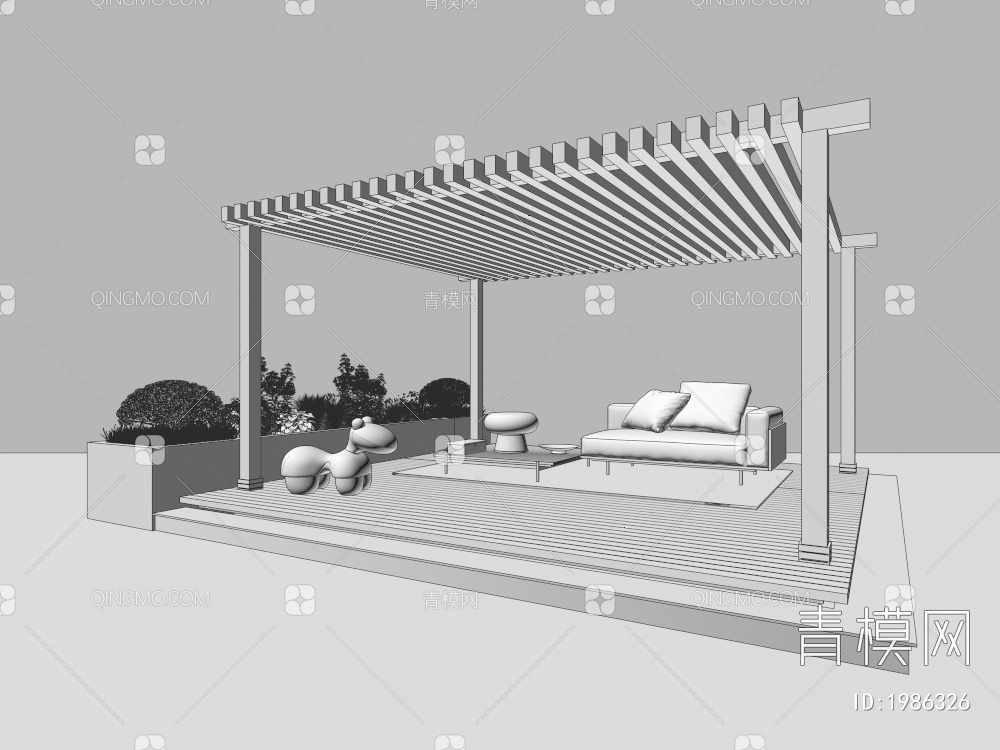 小景  户外凉棚 屋顶花园座椅 植物堆 球形灌木 带花灌木植物组合3D模型下载【ID:1986326】