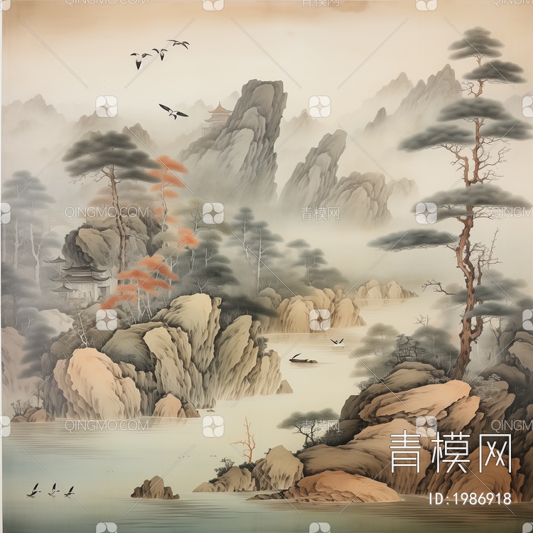 新中式山水硬包壁纸壁纸贴图下载【ID:1986918】