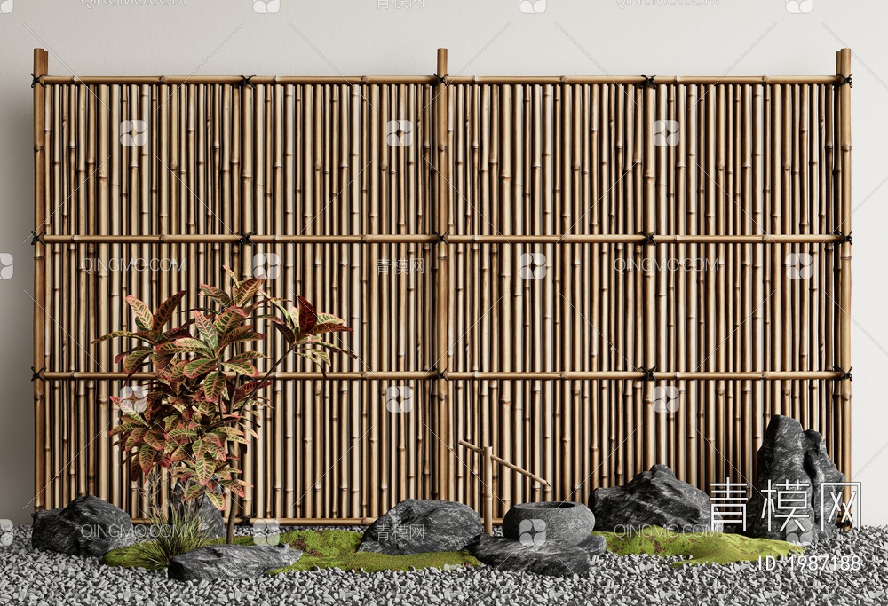 竹篱笆隔断 竹子栅栏 围栏 石头 水景3D模型下载【ID:1987188】