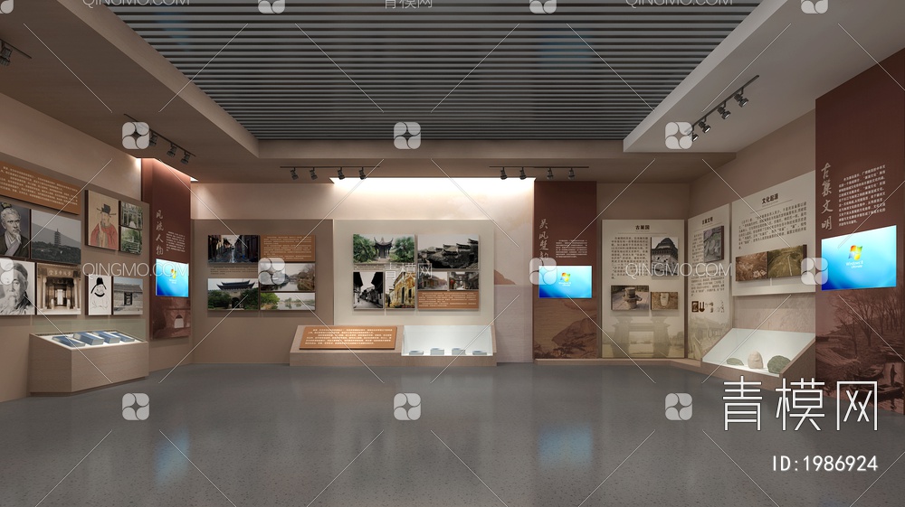 历史文化馆 浮雕墙 展示柜 互动触摸屏3D模型下载【ID:1986924】