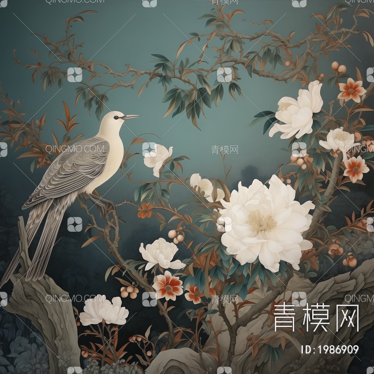 新中式花鸟壁画贴图下载【ID:1986909】