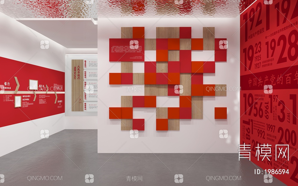 银行红色企业展厅 发展历程墙 互动触摸一体机 入党宣誓3D模型下载【ID:1986594】