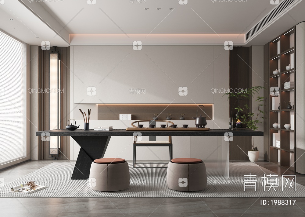 茶室 茶桌椅 地毯 绿植 展柜3D模型下载【ID:1988317】