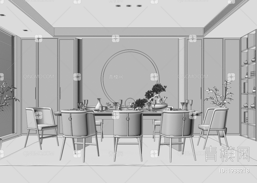 餐厅 餐桌椅 地毯 绿植 背景墙3D模型下载【ID:1988218】