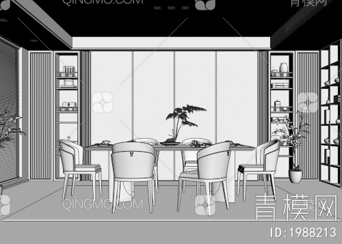 餐厅 餐桌椅 地毯 绿植 背景墙3D模型下载【ID:1988213】