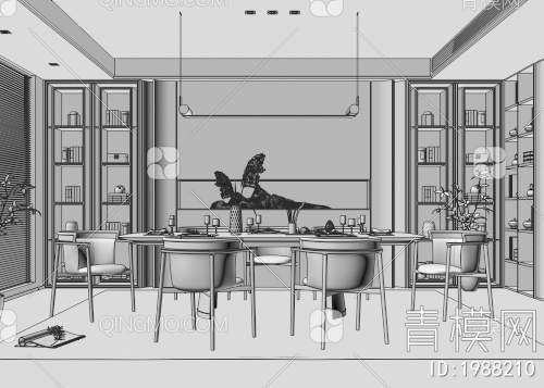 餐厅 餐桌椅 地毯 绿植 背景墙3D模型下载【ID:1988210】