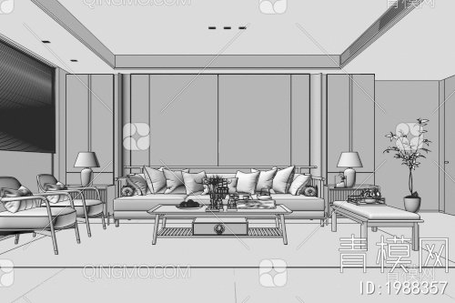 客厅 展柜 地毯 沙发组合 台灯 绿植 挂画摆件3D模型下载【ID:1988357】