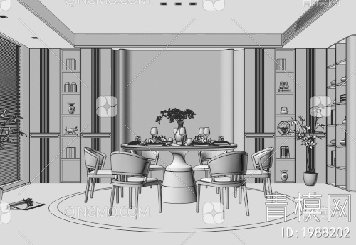 餐厅 餐桌椅 地毯 绿植 背景墙3D模型下载【ID:1988202】