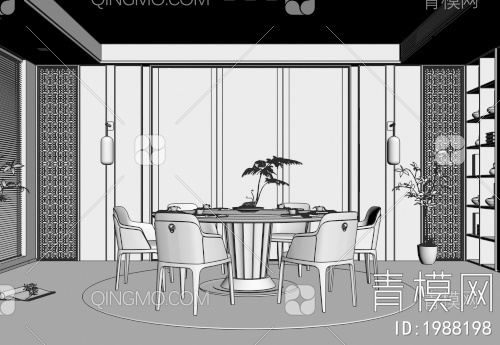 餐厅 餐桌椅 地毯 绿植 背景墙3D模型下载【ID:1988198】