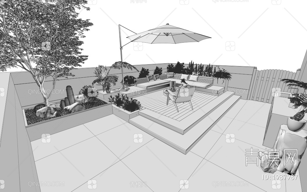 屋顶花园 庭院 植物 太阳伞 休闲区3D模型下载【ID:1987987】