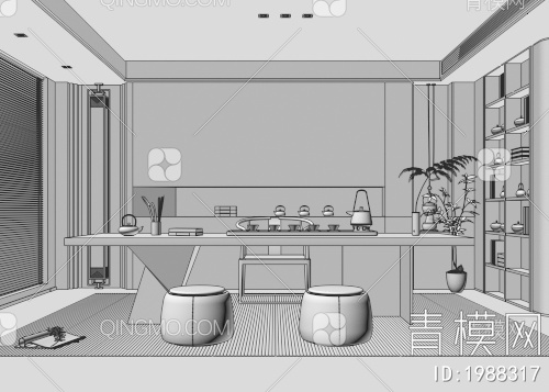 茶室 茶桌椅 地毯 绿植 展柜3D模型下载【ID:1988317】