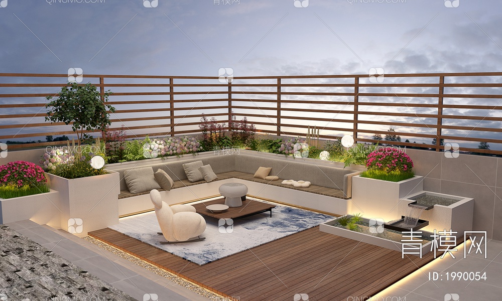 屋顶花园 阳台景观 户外庭院 植物组合 黄昏阳台 露台景观3D模型下载【ID:1990054】