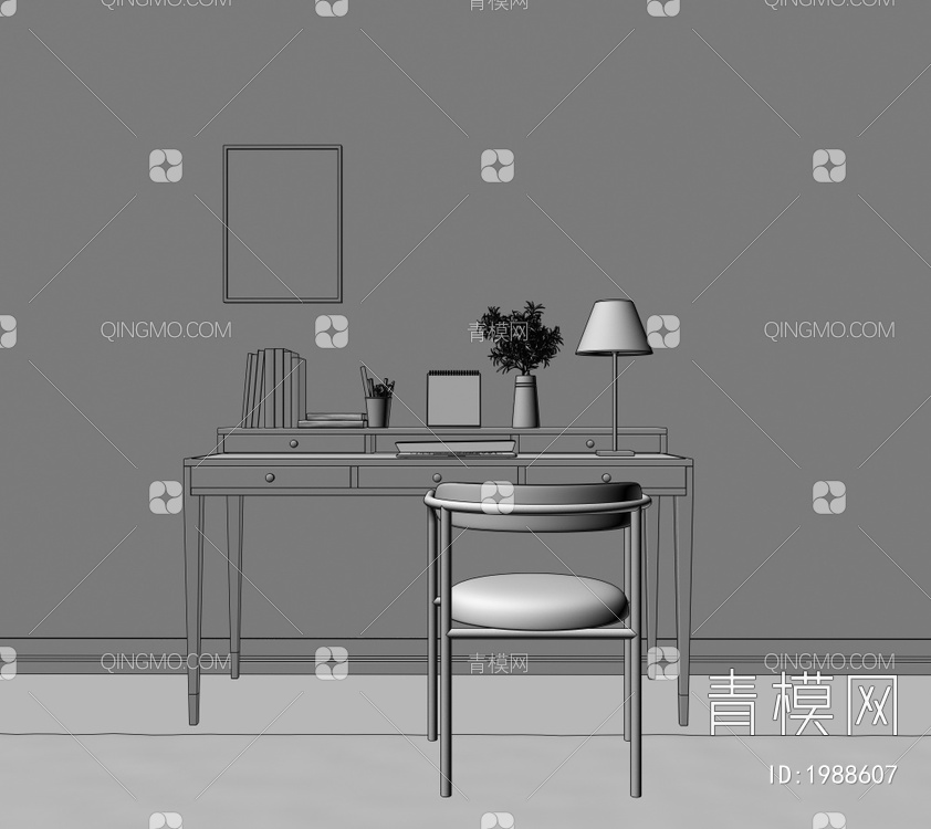 书桌椅 台灯 挂画 单椅 书桌3D模型下载【ID:1988607】
