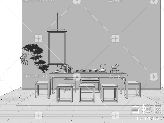 茶桌椅组合 茶台 茶具 装饰挂画 松树3D模型下载【ID:1988720】