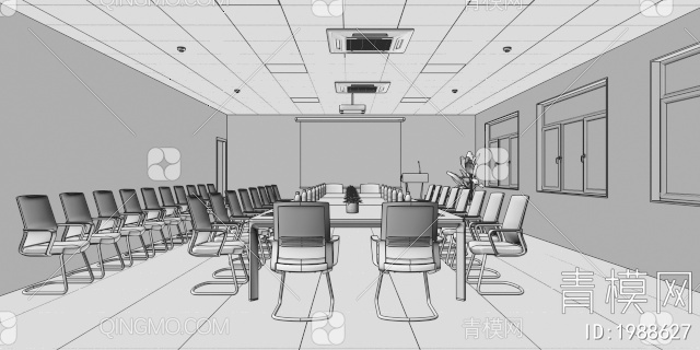会议室，培训室，会议桌，会议椅，弓形椅，弓架椅3D模型下载【ID:1988627】