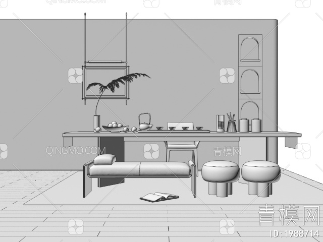 茶桌椅组合 茶台 茶具 装饰挂画3D模型下载【ID:1988714】
