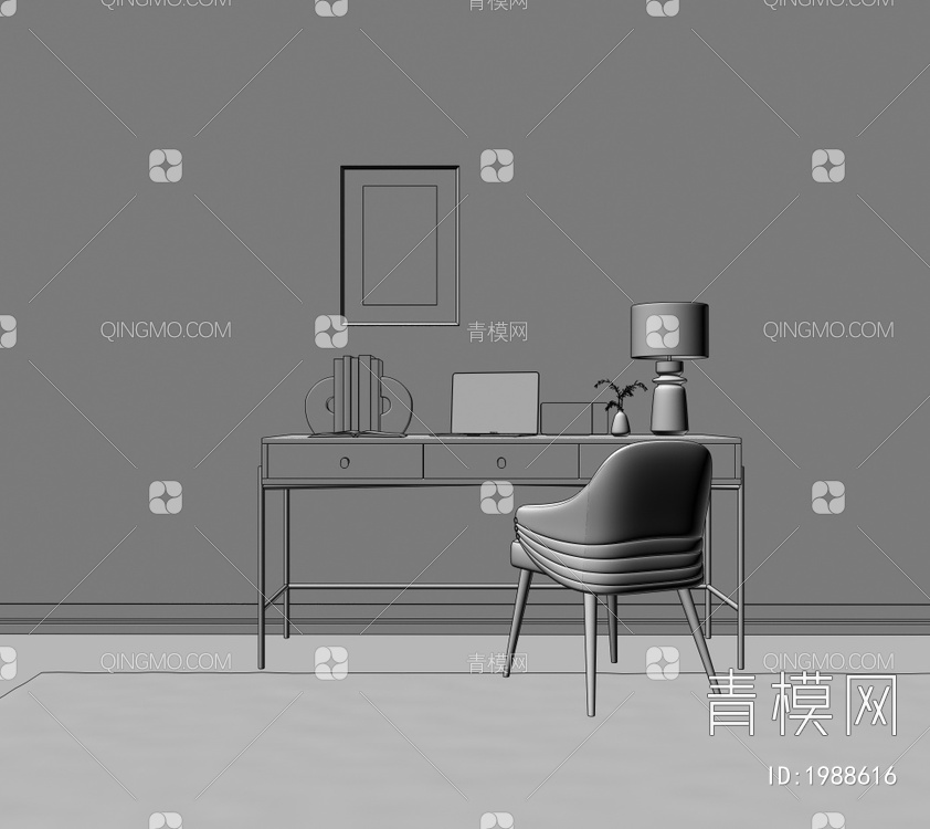 书桌椅 台灯 挂画 单椅 书桌3D模型下载【ID:1988616】