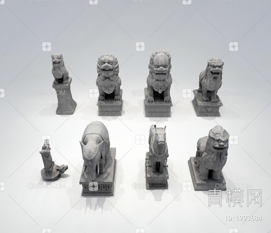 石狮子 貔貅门神 雕塑3D模型下载【ID:1993684】