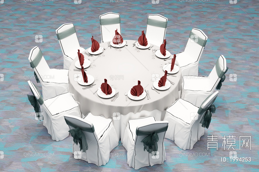 宴会厅餐桌椅组合   餐桌椅组合  圆桌椅子组合  包间圆桌3D模型下载【ID:1994253】