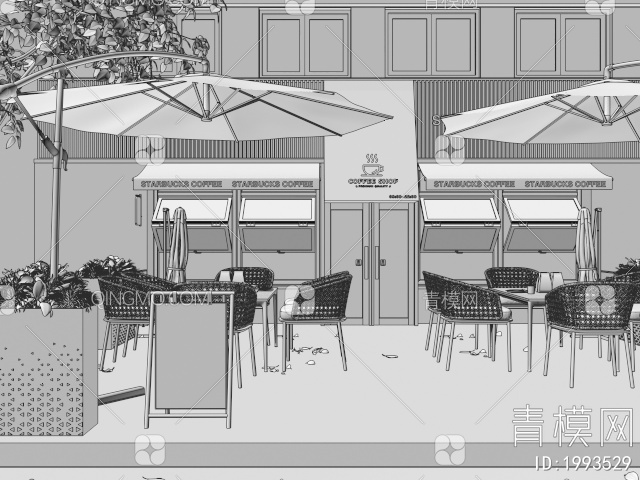 户外商业外摆区 咖啡厅外摆 户外桌椅 门头门面 绿植花箱3D模型下载【ID:1993529】