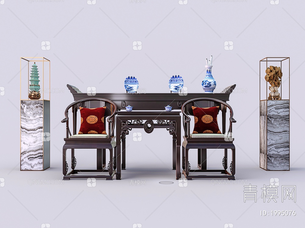 中堂红木桌椅组合 茶桌椅3D模型下载【ID:1995076】