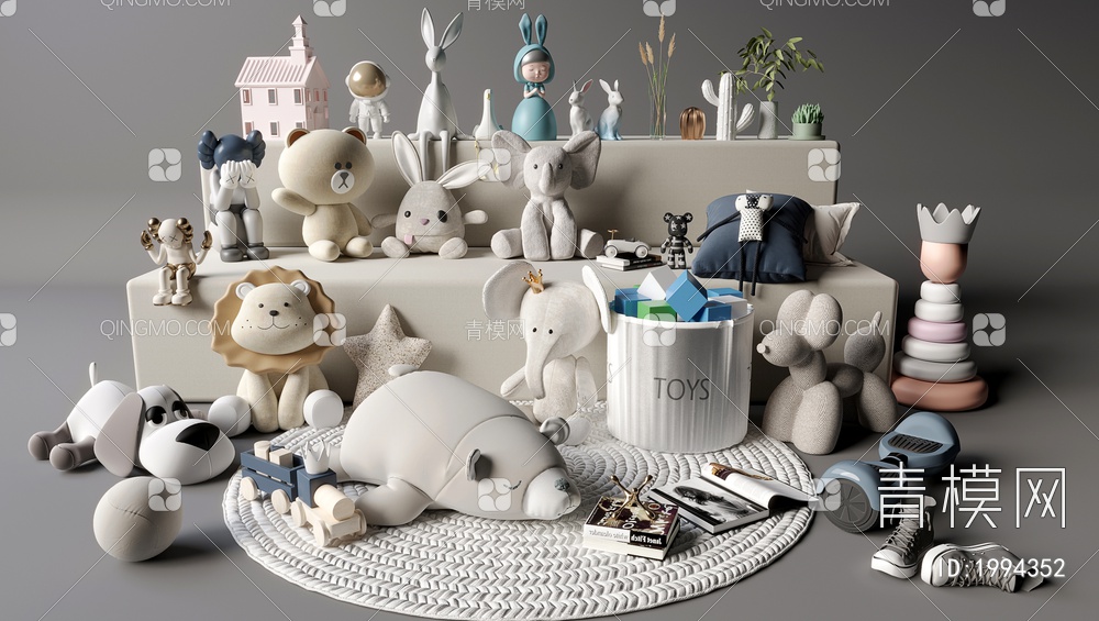 玩偶 摆件 抱枕 玩具 地毯 花瓶组合3D模型下载【ID:1994352】