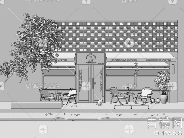 咖啡厅门头门面 户外桌椅 折叠窗 店铺招牌 遮阳棚 盆栽3D模型下载【ID:1993535】