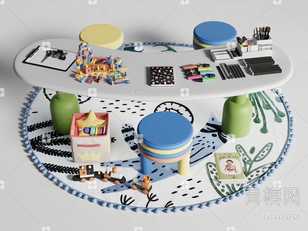 儿童桌椅 玩具桌 学习书桌 乐高积木 玩具3D模型下载【ID:1995764】