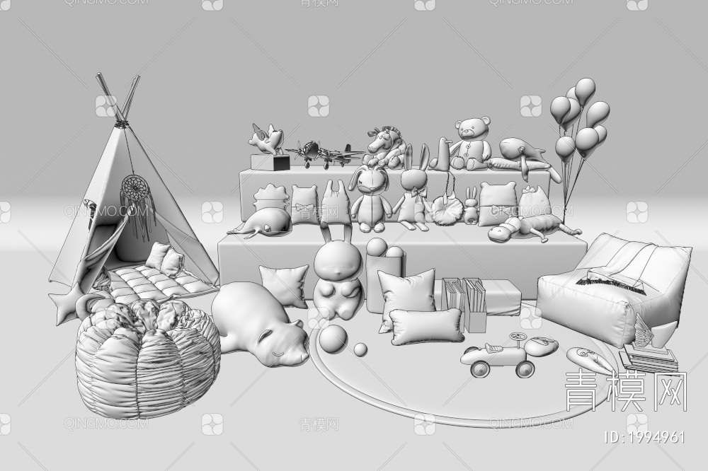 玩偶 摆件 抱枕 玩具 地毯 儿童帐篷 懒人沙发组合3D模型下载【ID:1994961】
