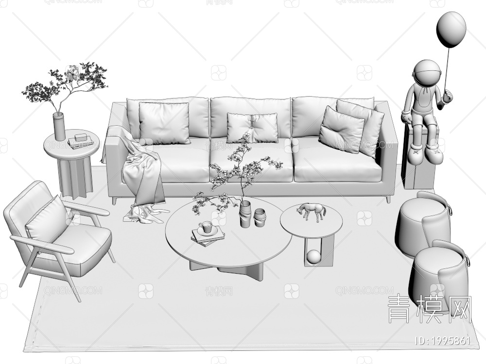沙发座椅 茶几摆件组合3D模型下载【ID:1995861】