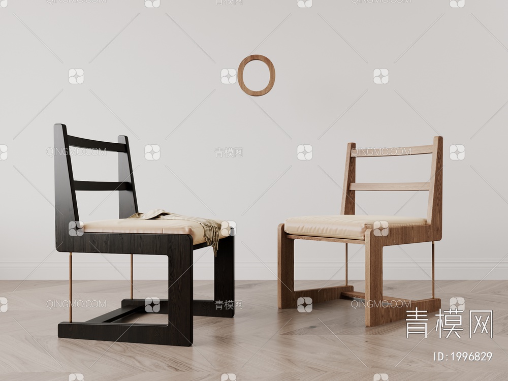 实木 结构 穿插 皮革 餐椅 单椅3D模型下载【ID:1996829】