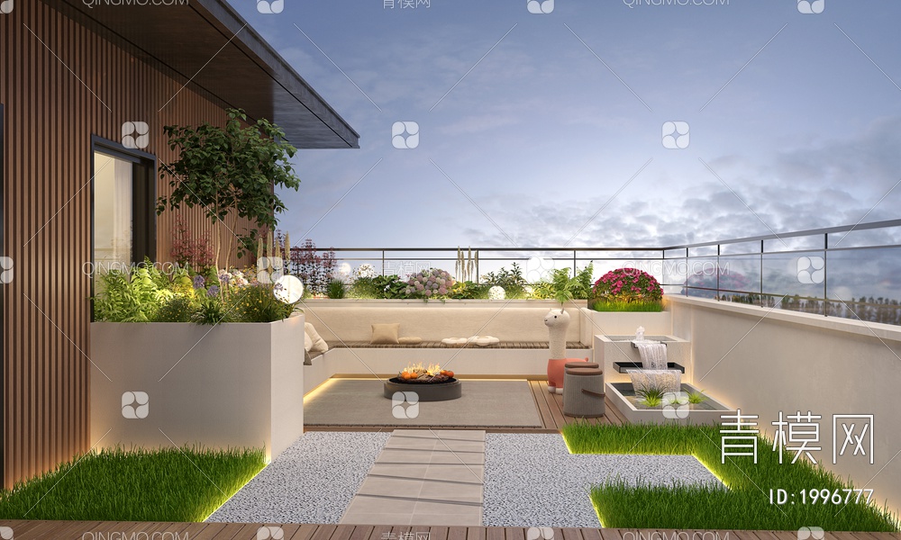屋顶花园 阳台景观 户外庭院 植物组合 黄昏阳台 露台景观3D模型下载【ID:1996777】
