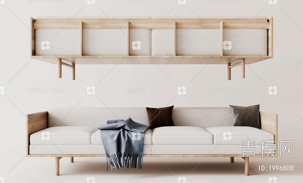 实木 结构 穿插 布料 多人沙发  长沙发 沙发3D模型下载【ID:1996808】