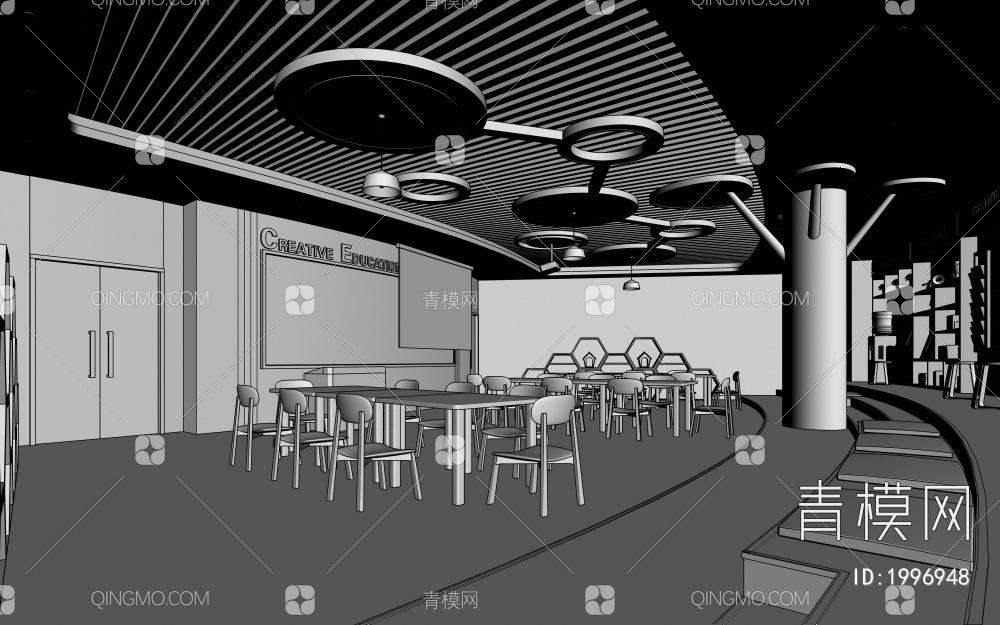 校园创客空间 课桌椅组合 装饰柜 照片墙 投影仪3D模型下载【ID:1996948】