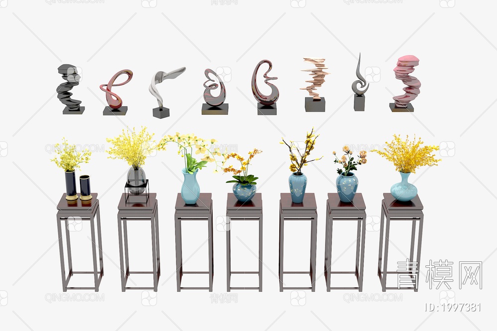 花架 花瓶 花艺 雕塑 摆件组合3D模型下载【ID:1997381】