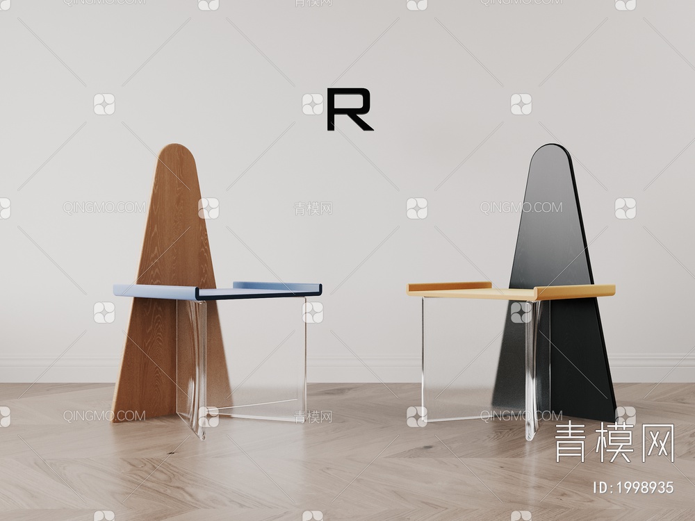复古 玻璃 实木 单椅 餐椅3D模型下载【ID:1998935】