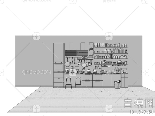 厨房用品组合 厨房电器 厨具 油烟机 灶台 烤箱 饮水机3D模型下载【ID:1998350】