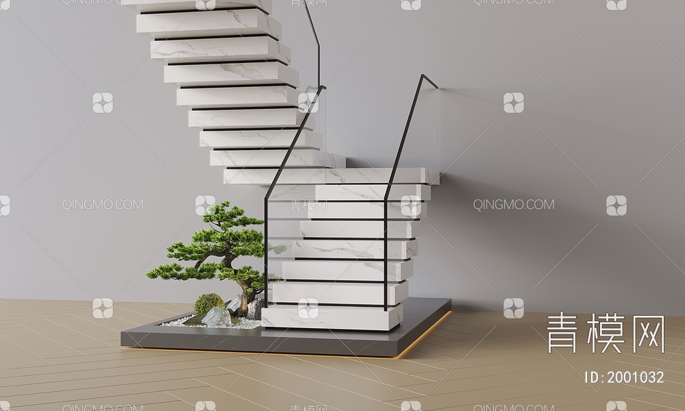 扶手楼梯 玻璃楼梯 松树假山石头造景3D模型下载【ID:2001032】